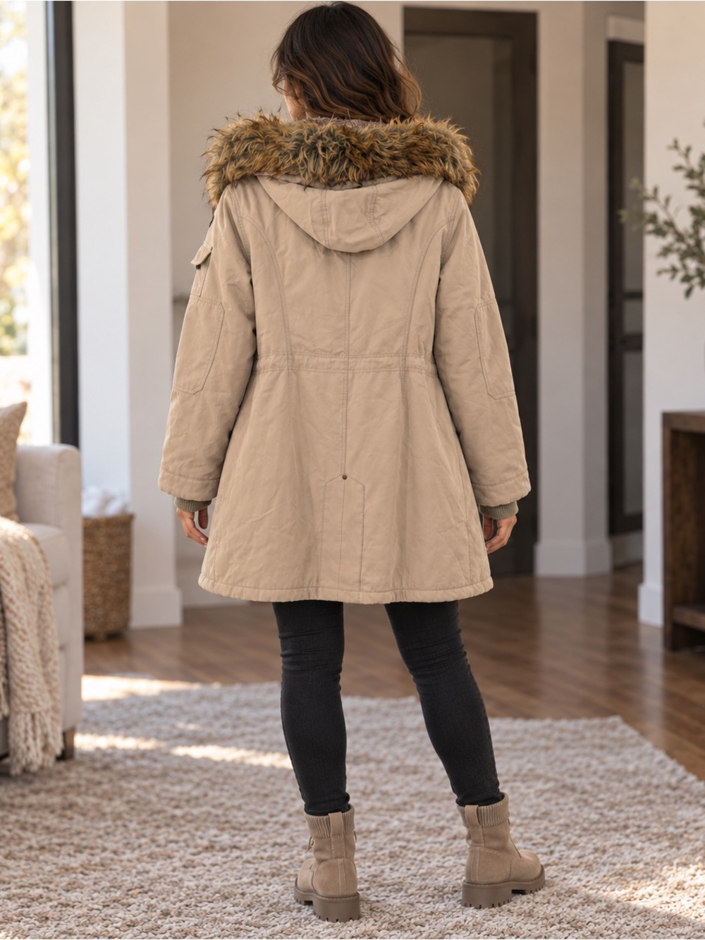 1 MADISON EXPEDITION Women’s Taupe Faux Fur Hooded Parka Coat L - Picture 3 of 7